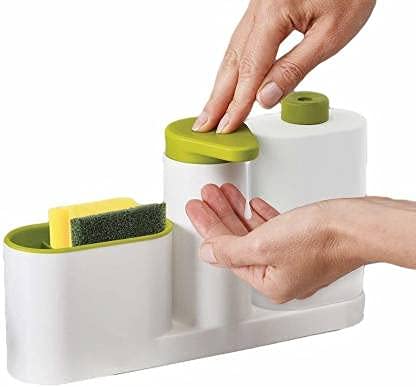 Kazenzo 3 in 1 Liquid Soap Dispenser Brush Sponge Dishwasher Liquid Holder Sink Organizer Self Draining Sink Tidy Set for Bathroom and Kitchen - Image 3