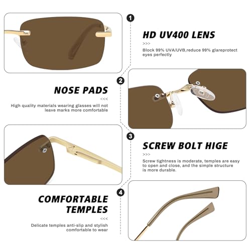Fozono Retro Frameless Rectangle Sunglasses Womens Trendy Narrow Small Frame Spring Hinge UV Protection FZN905 Gold Frame/Brown Lens - Image 5