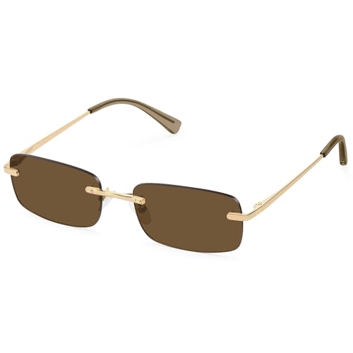 Fozono Retro Frameless Rectangle Sunglasses Womens Trendy Narrow Small Frame Spring Hinge UV Protection FZN905 Gold Frame/Brown Lens - Image 1