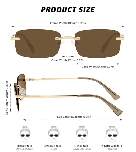 Fozono Retro Frameless Rectangle Sunglasses Womens Trendy Narrow Small Frame Spring Hinge UV Protection FZN905 Gold Frame/Brown Lens - Image 4