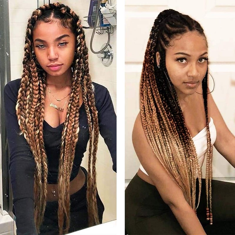 AIDUSA Ombre Brown Braiding Hair 5pcs Synthetic Brown Ombre Braiding Hair 24 Inch 3 Tone Blonde Braiding Hair Crochet Braiding Hair Extensions 100g (#53 Black to Brown to Blonde) - Image 5