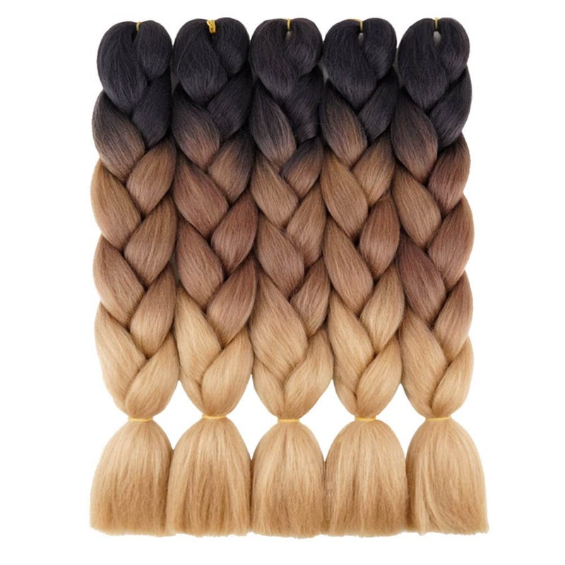 AIDUSA Ombre Brown Braiding Hair 5pcs Synthetic Brown Ombre Braiding Hair 24 Inch 3 Tone Blonde Braiding Hair Crochet Braiding Hair Extensions 100g (#53 Black to Brown to Blonde) - Image 1