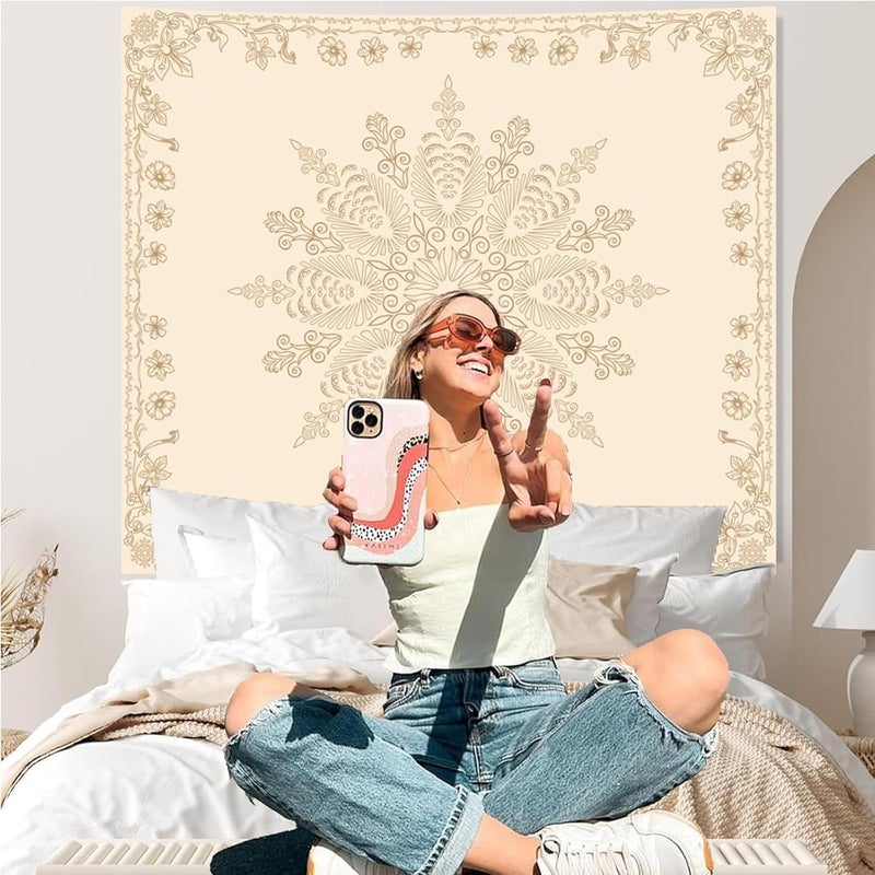 Apdidl Boho Mandala Floral Wall Tapestry for Bedroom Aesthetic, Bohemian Cute Flower Hippie Indian Beige Wall Hanging Blanket, Medallion Art Decor Tapestries for Teen Girls Living Room Dorm 60" X 79" - Image 2