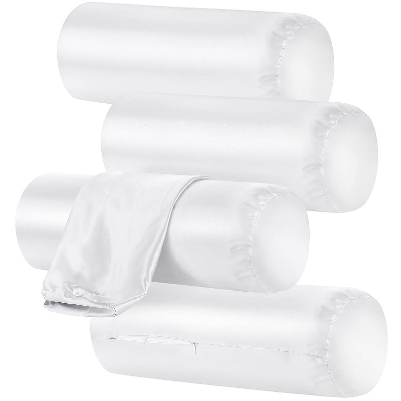 Remerry Remerry 4 Pack 16 x 6 Inches White Neck Roll Pillow Case Cover Only Round Bolster Cervical Roll Satin Cylinder Pillow Case Cover with Zipper 