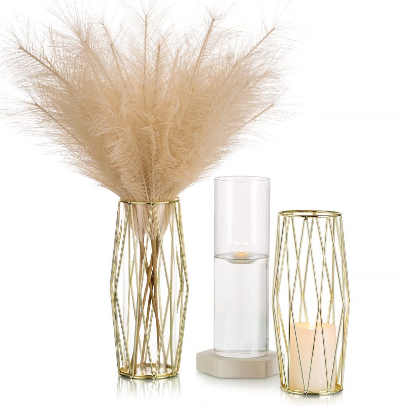 Gold Modern Flower Vases for Centerpieces  Hewory 11Inch Glass Vase with Metal Stand Set of 2 Wide Big Tall Geometric Vases for Flowers Flower Holders for Wedding Home Decor Large2pcs