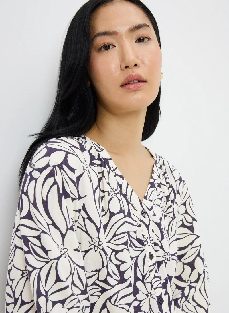 Matalan Blue Floral Linen Rich Gathered Blouse