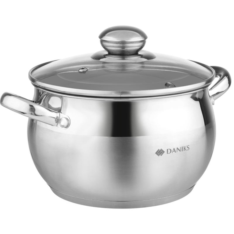 Daniks Classic Stainless Steel Stock Pot with Glass Lid  Induction 3 Quart Dishwasher Safe Measuring Scale For Soup Pasta Stew Silver
