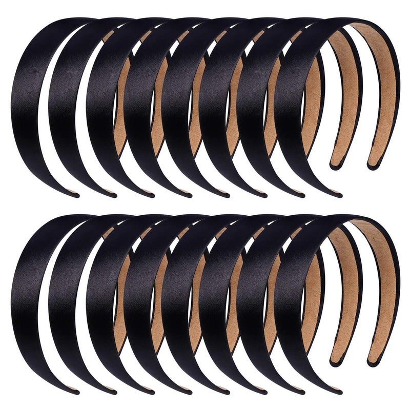 anezus 16 Pcs Satin Headbands Bulk 1 Inch Antislip Black Ribbon Hair Bands Plain Hard Headbands for Women Girls DIY Craft Hair Accessories Black