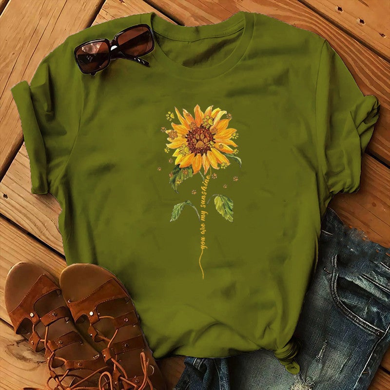 2020 AliExpress wish ebay Amazon foreign trade independent station womens Christmas Animal Flower short sleeve Army Green 