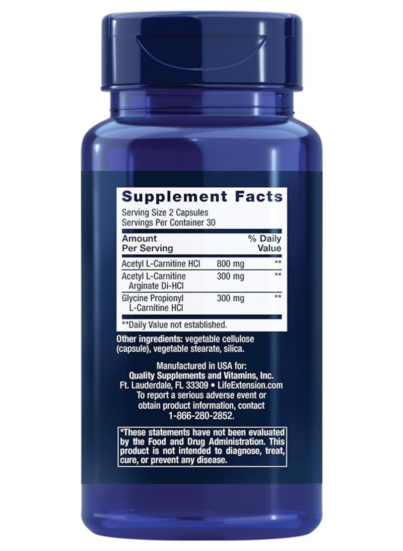 لايف إكستنشن كارنيتين محسّن لدعم القلب، الدماغ والطاقة الخلوية، خالٍ من الغلوتين – 60 كبسولة نباتية - Image 2