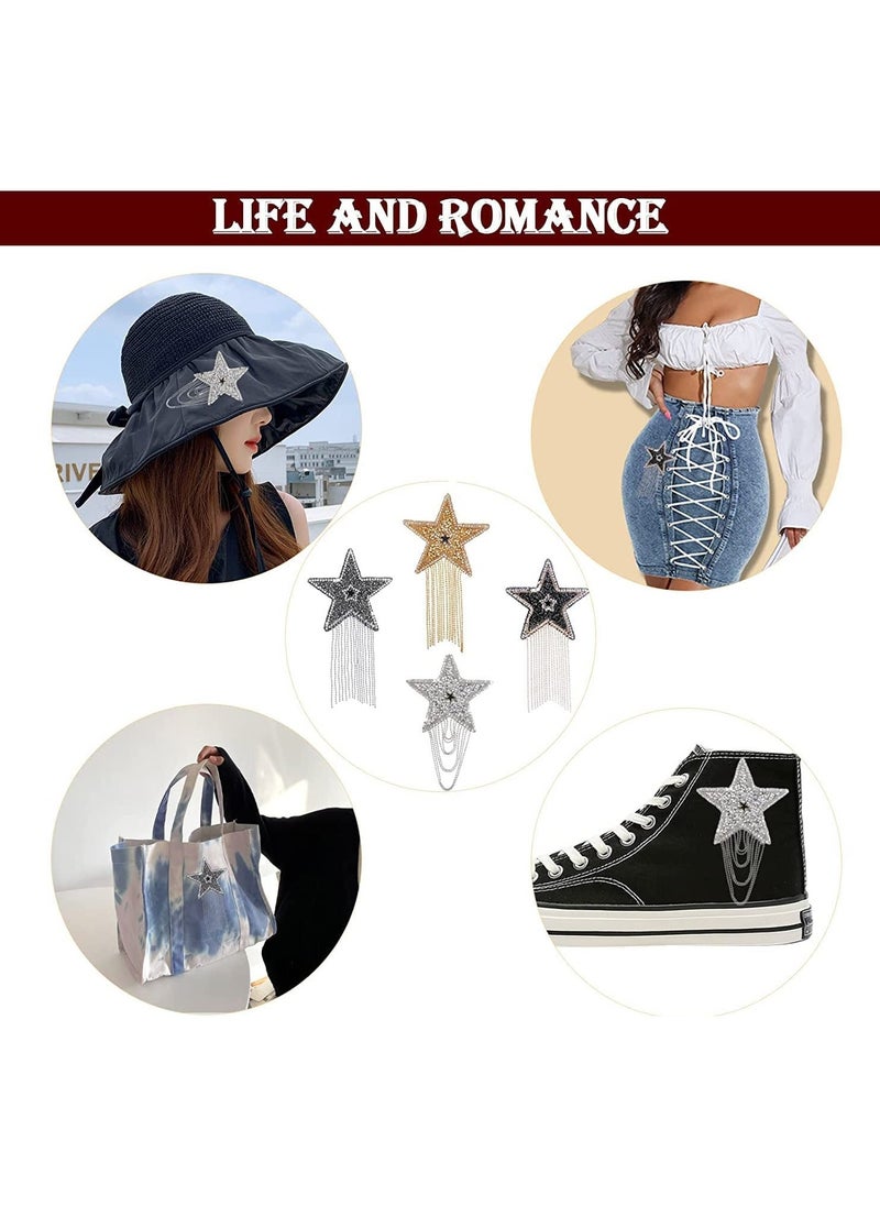 SYOSI - Iron on Patches with Chains Tassel 4Pcs Five-Pointed Star Pattern Clothes Patches Iron on Fashion Appliques with Chains Tassel Badge DIY Repair Decorate Patch for Clothes Dress Jeans Hats Bags - Image 1