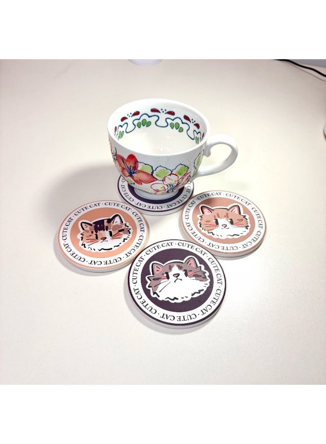 Set of 4 Adorable Cat Ceramic Coasters (10cm) - Ultra-Absorbent Stone Drink Mats with Non-Slip Cork Base - Heat Resistant & Decorative Round Cup Mats for Home & Office - Image 2