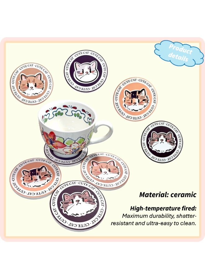 Set of 4 Adorable Cat Ceramic Coasters (10cm) - Ultra-Absorbent Stone Drink Mats with Non-Slip Cork Base - Heat Resistant & Decorative Round Cup Mats for Home & Office - Image 3