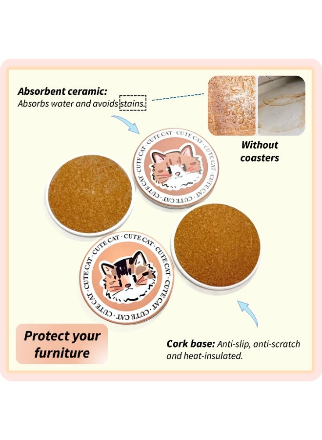 Set of 4 Adorable Cat Ceramic Coasters (10cm) - Ultra-Absorbent Stone Drink Mats with Non-Slip Cork Base - Heat Resistant & Decorative Round Cup Mats for Home & Office - Image 4