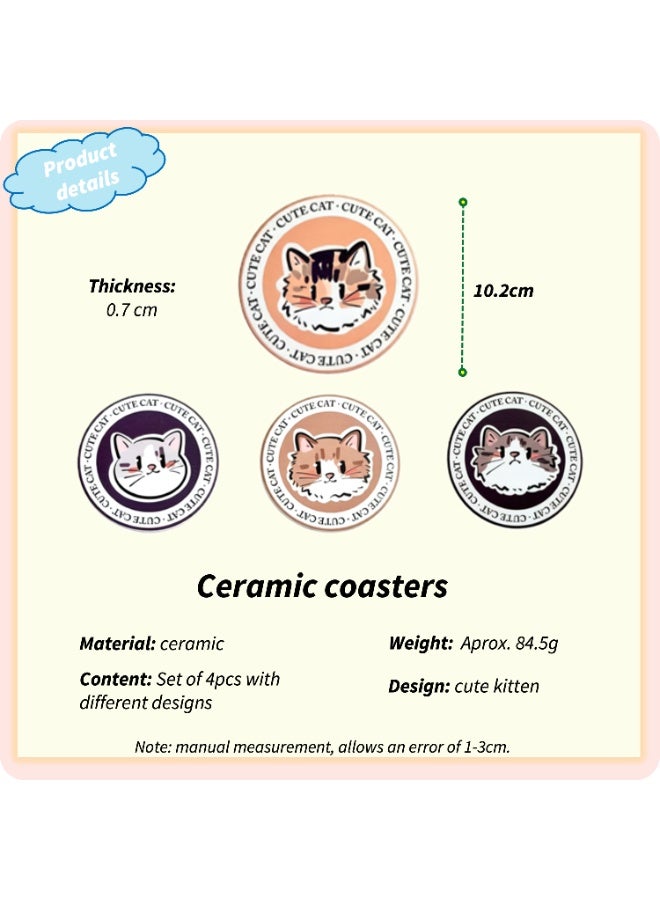 Set of 4 Adorable Cat Ceramic Coasters (10cm) - Ultra-Absorbent Stone Drink Mats with Non-Slip Cork Base - Heat Resistant & Decorative Round Cup Mats for Home & Office - Image 5