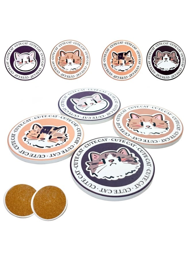 Set of 4 Adorable Cat Ceramic Coasters (10cm) - Ultra-Absorbent Stone Drink Mats with Non-Slip Cork Base - Heat Resistant & Decorative Round Cup Mats for Home & Office - Image 1