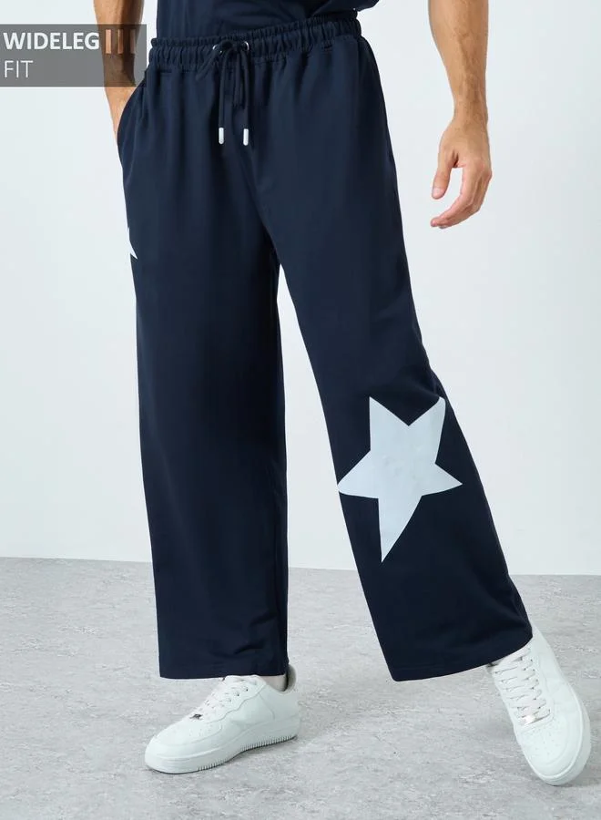 Styli Navy Blue Star Print Wide Leg Joggers