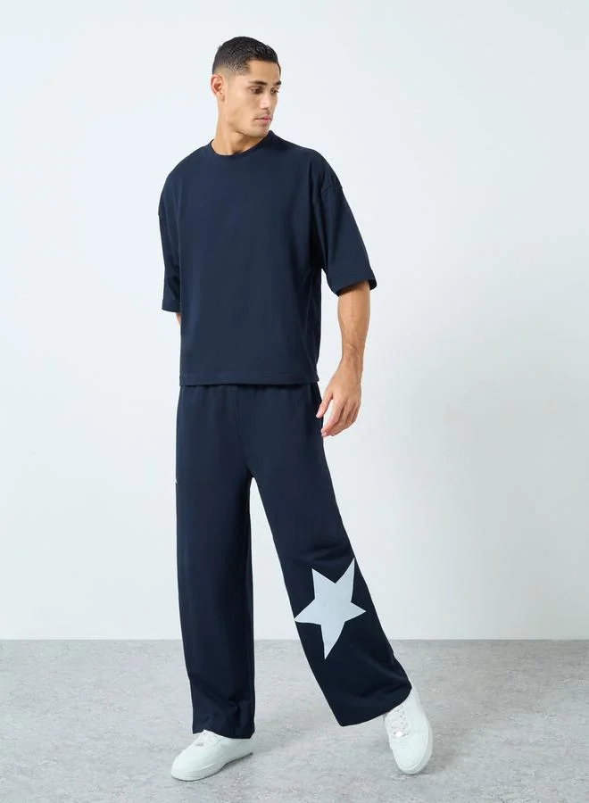 Styli Styli Navy Blue Star Print Wide Leg Joggers
