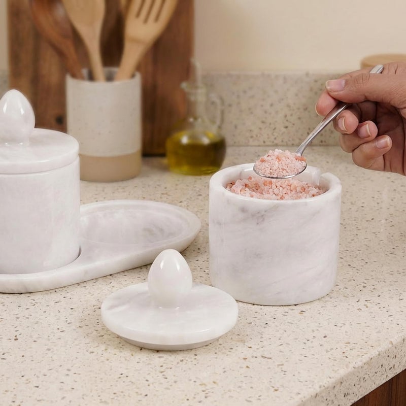 MARBLE RANGE Marble Salt Cellar with Lid and tray 4 Inch White Handmade Salt Container, Set of 2 Seasoning Jars, Spice Storage Containers for Kitchen Countertop, Sugar Bowl - Image 3
