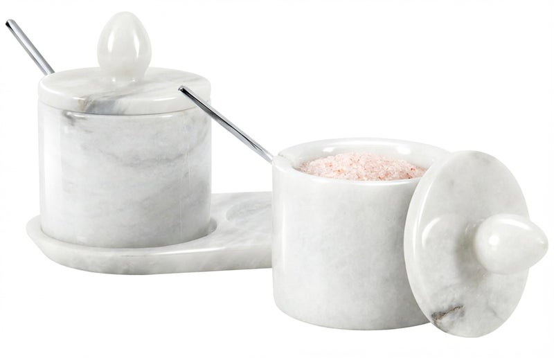 MARBLE RANGE Marble Salt Cellar with Lid and tray 4 Inch White Handmade Salt Container, Set of 2 Seasoning Jars, Spice Storage Containers for Kitchen Countertop, Sugar Bowl - Image 1