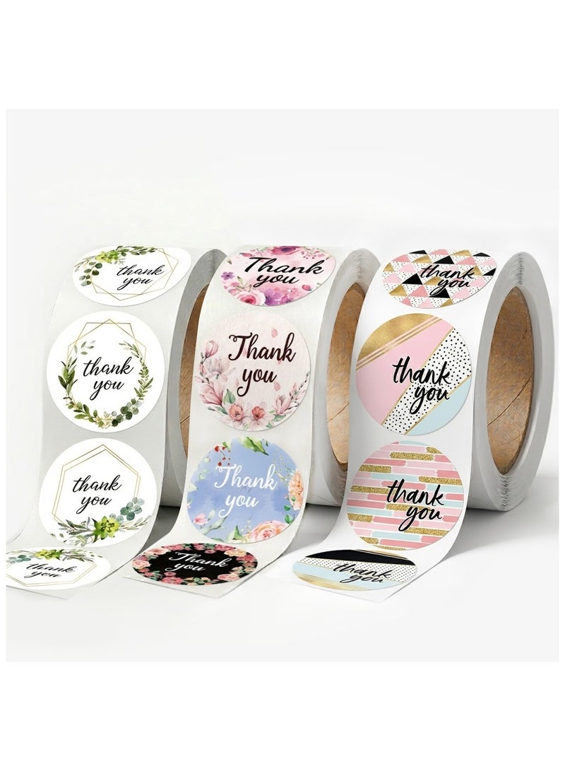 Wownect (Pack of 3) Thank You Round & Leaf Pattern Stickers |1500 PCS 1 Inch Labels for Packaging, Envelope Seals,Bouquets & Small Business Packing Decoration (Pack of 3) - Image 1
