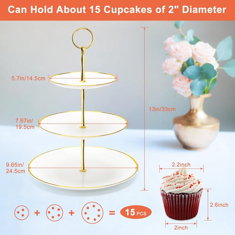 Coitak 3 Tier Cupcake Stand, Plastic Tiered Serving Stand, Dessert Tower Tray for Tea Party, Baby Shower and Wedding (Round-gold edge) - Image 3