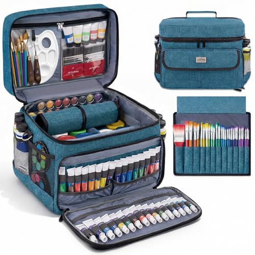 JJRING Versatile Acrylic Paint Organizer Bag With Adjustable Dividers For MultiSize Bottles Art Supply Storage Case Features 12Slot Brush Holder Clear Zipper Pocket Travel Craft ToteGreen - Image 1
