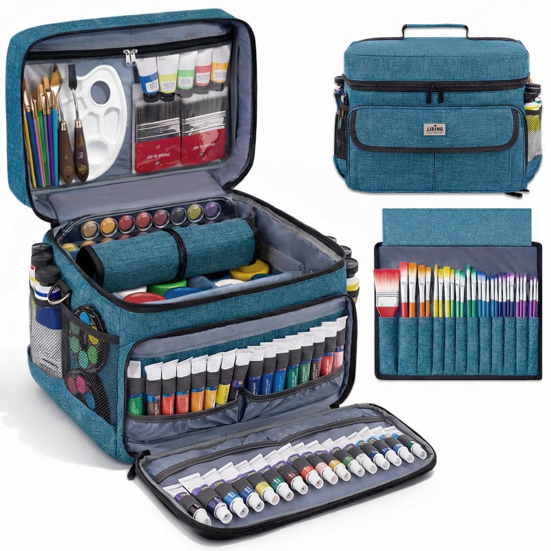 JJRING Versatile Acrylic Paint Organizer Bag With Adjustable Dividers For MultiSize Bottles Art Supply Storage Case Features 12Slot Brush Holder Clear Zipper Pocket Travel Craft ToteGreen - Image 2
