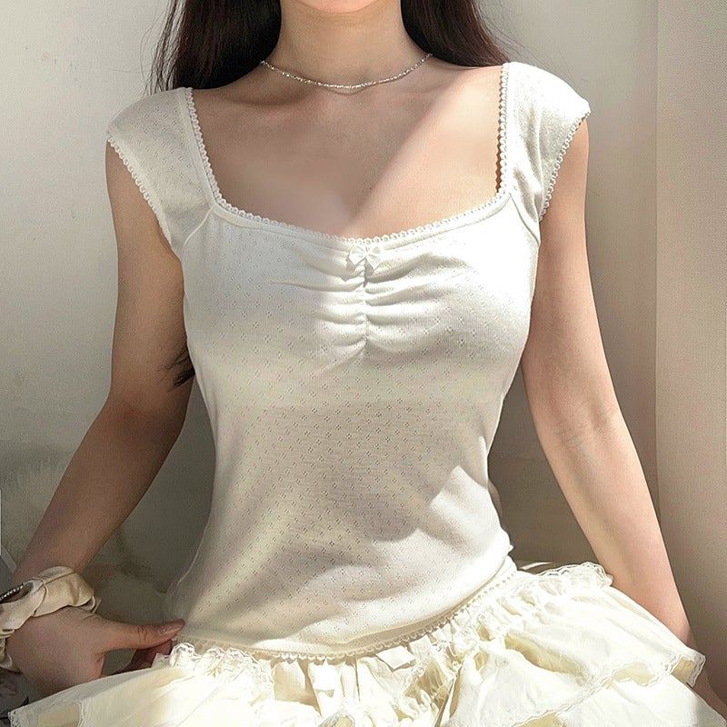 Gentle Style Pure Color Small Lace Pleated Square Neck Short-Sleeved T-Shirt Ins Girl Fresh Wear Backless Top 2024 Style - Image 3