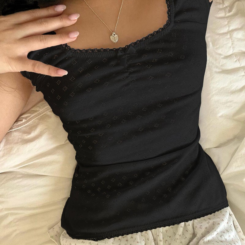 Gentle Style Pure Color Small Lace Pleated Square Neck Short-Sleeved T-Shirt Ins Girl Fresh Wear Backless Top 2024 Style - Image 4