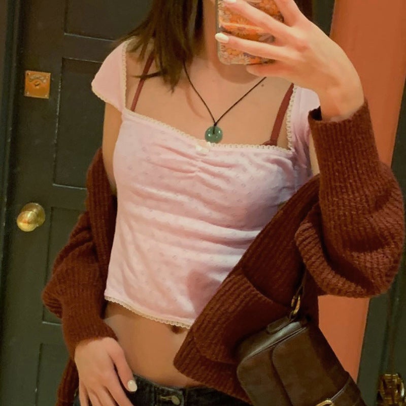 Gentle Style Pure Color Small Lace Pleated Square Neck Short-Sleeved T-Shirt Ins Girl Fresh Wear Backless Top 2024 Style - Image 5
