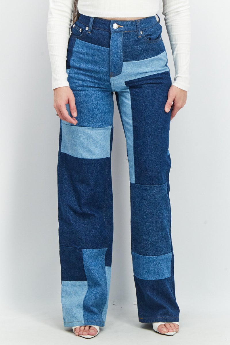 NA-KD Romee Strijd x NA-KD Women Straight Fit Colorblock Non Stretchable Jeans, Multicolor - Image 1