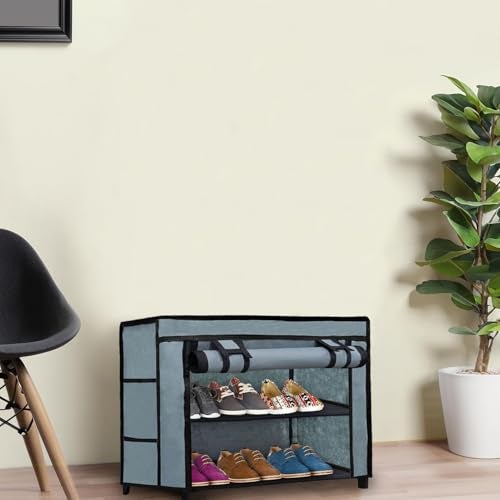 PHILOSHOP 3 Layer Grey Shoe Rack with Fabric Shelves & Cover– Space Saving Organizer - Image 2