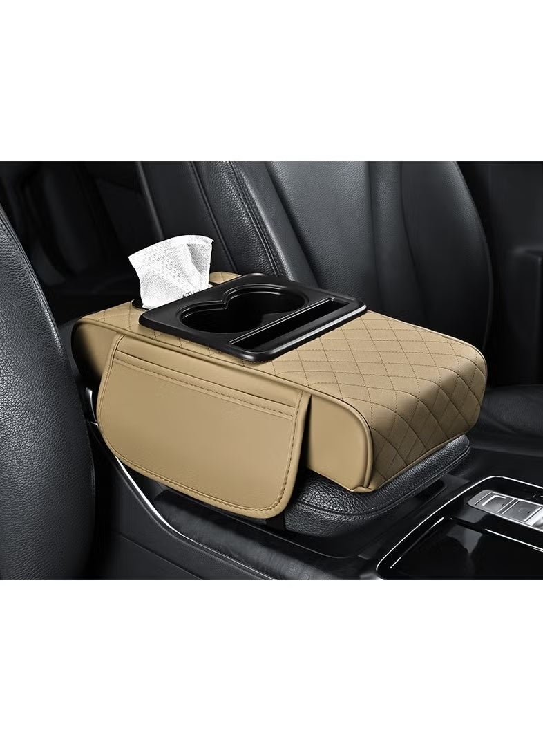 Soofam Multipurpose Car Center Console heighten Cover, Leather Car Armrest Booster Pads, Leather Car Armrest Cover Protector, Armrest Box, Suitable for Most Vehicles, SUVs, Trucks, Cars (Beige) - Image 1