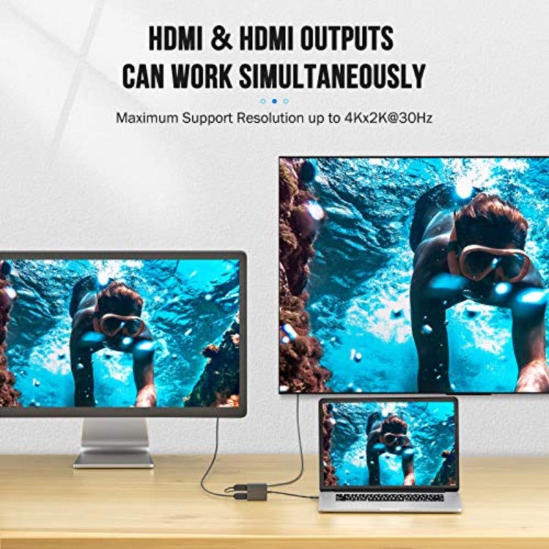 محول USB C إلى HDMI مزدوج لإعداد الشاشة المزدوجة، سبائك الألومنيوم، أسود، يدعم 4K@60 هرتز مع وظيفة التوصيل والتشغيل - Image 3