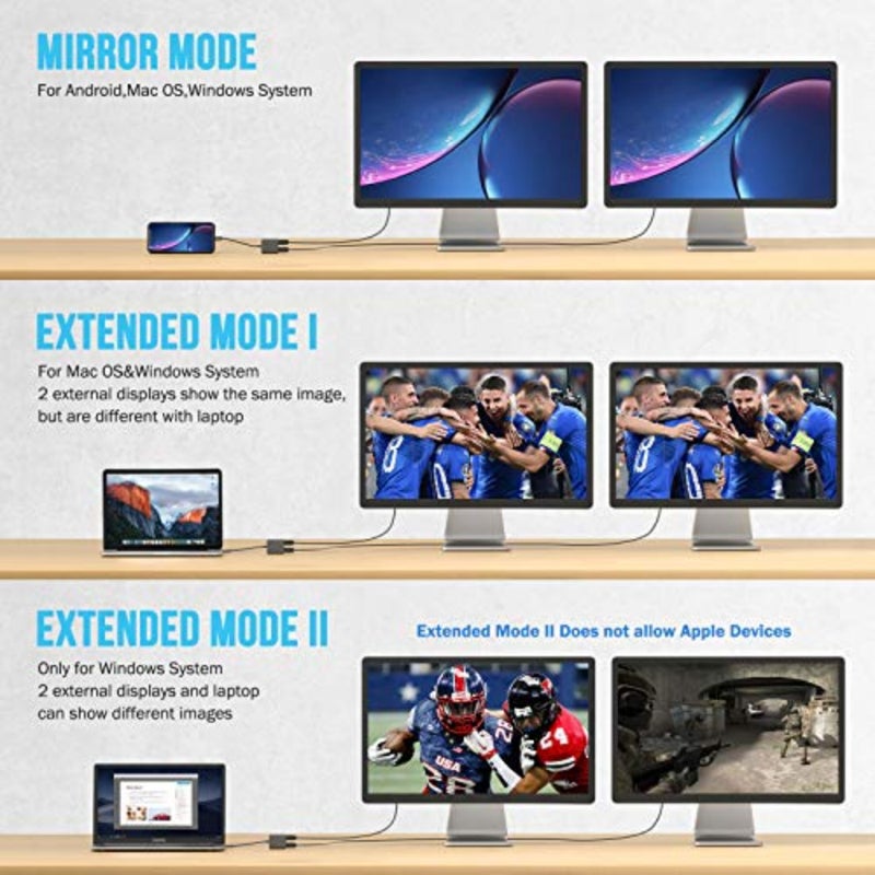 محول USB C إلى HDMI مزدوج لإعداد الشاشة المزدوجة، سبائك الألومنيوم، أسود، يدعم 4K@60 هرتز مع وظيفة التوصيل والتشغيل - Image 2