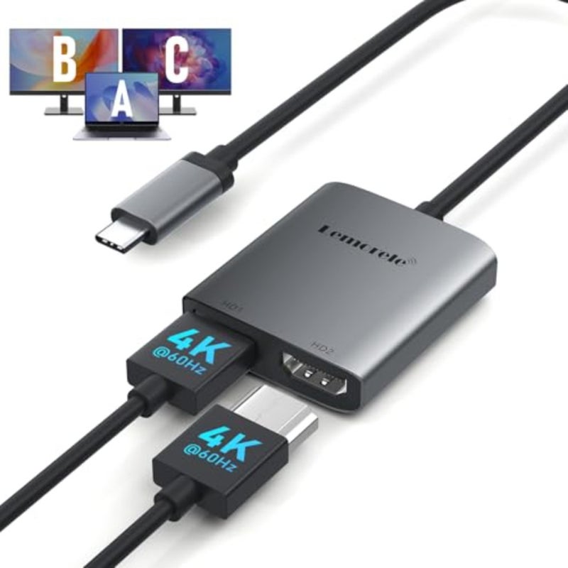 محول USB C إلى HDMI مزدوج لإعداد الشاشة المزدوجة، سبائك الألومنيوم، أسود، يدعم 4K@60 هرتز مع وظيفة التوصيل والتشغيل - Image 1