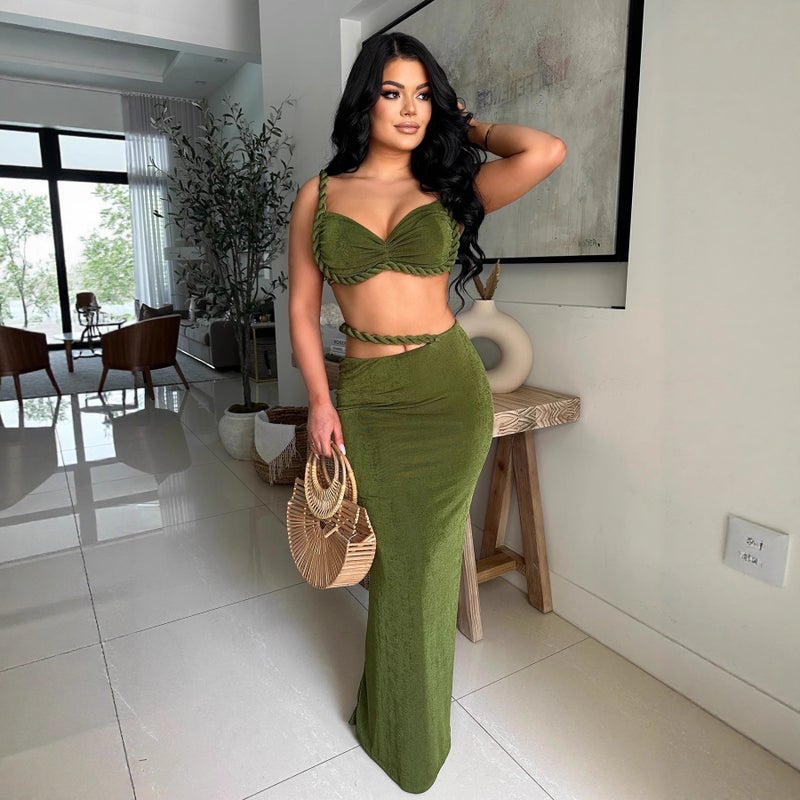 فستان ماكسي نسائي مكون من قطعتين، بأكمام مكشوفة وخصر عالي، بتصميم مفرغ ومنسدل - Image 1