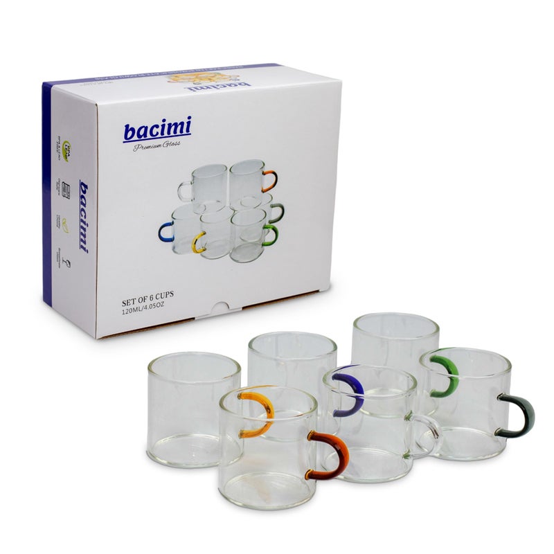 Bacimi Clear Espresso Cups with Colorful Handles Set of 6 4oz 120ML Borosilicate Glass Mugs for Cappuccino Tea Latte Hot Beverage Mini Drinking Cups Microwave Safe
