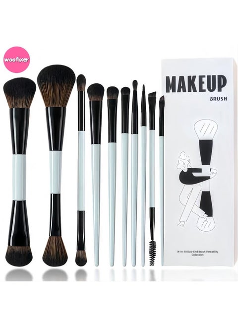 10Pcs Dual-Ended Makeup Brush Set Full Face Professional Brushes Kit Foundation Blush Eyeshadow Concealer Contour Highlight Eyebrow Eyeliner Brush for Women Beginners Daily Makeup