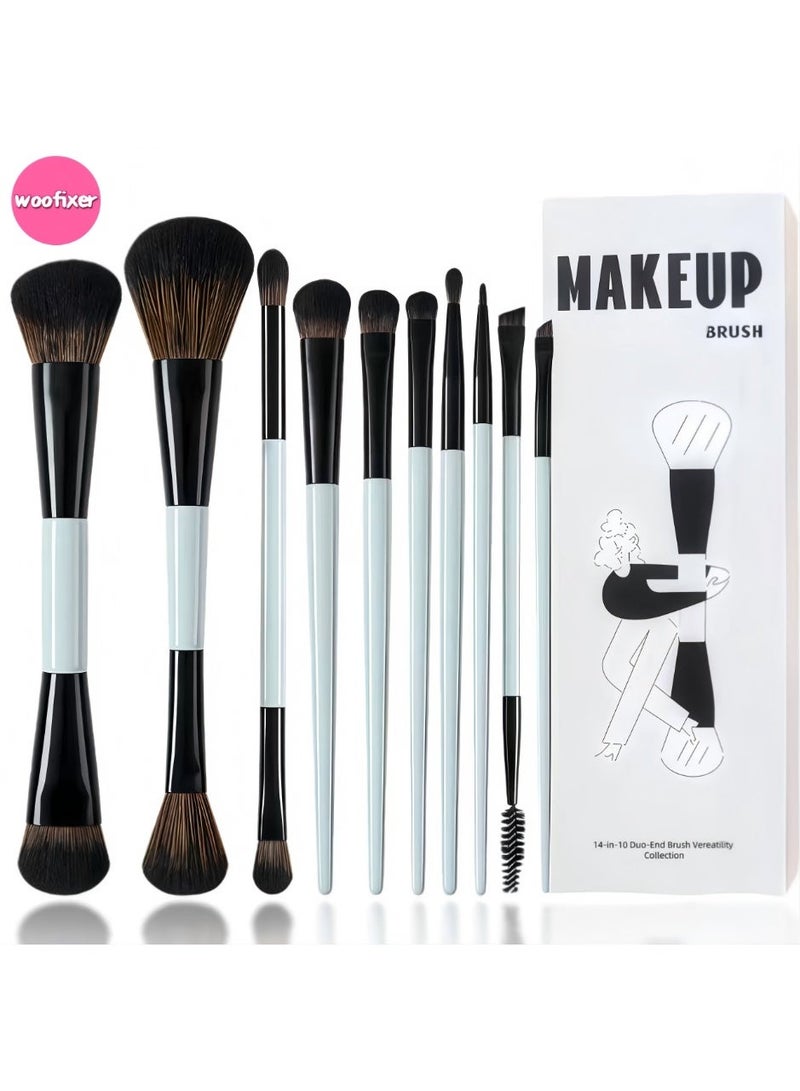 Woofixer 10Pcs Dual-Ended Makeup Brush Set Full Face Professional Brushes Kit Foundation Blush Eyeshadow Concealer Contour Highlight Eyebrow Eyeliner Brush for Women Beginners Daily Makeup - Image 1
