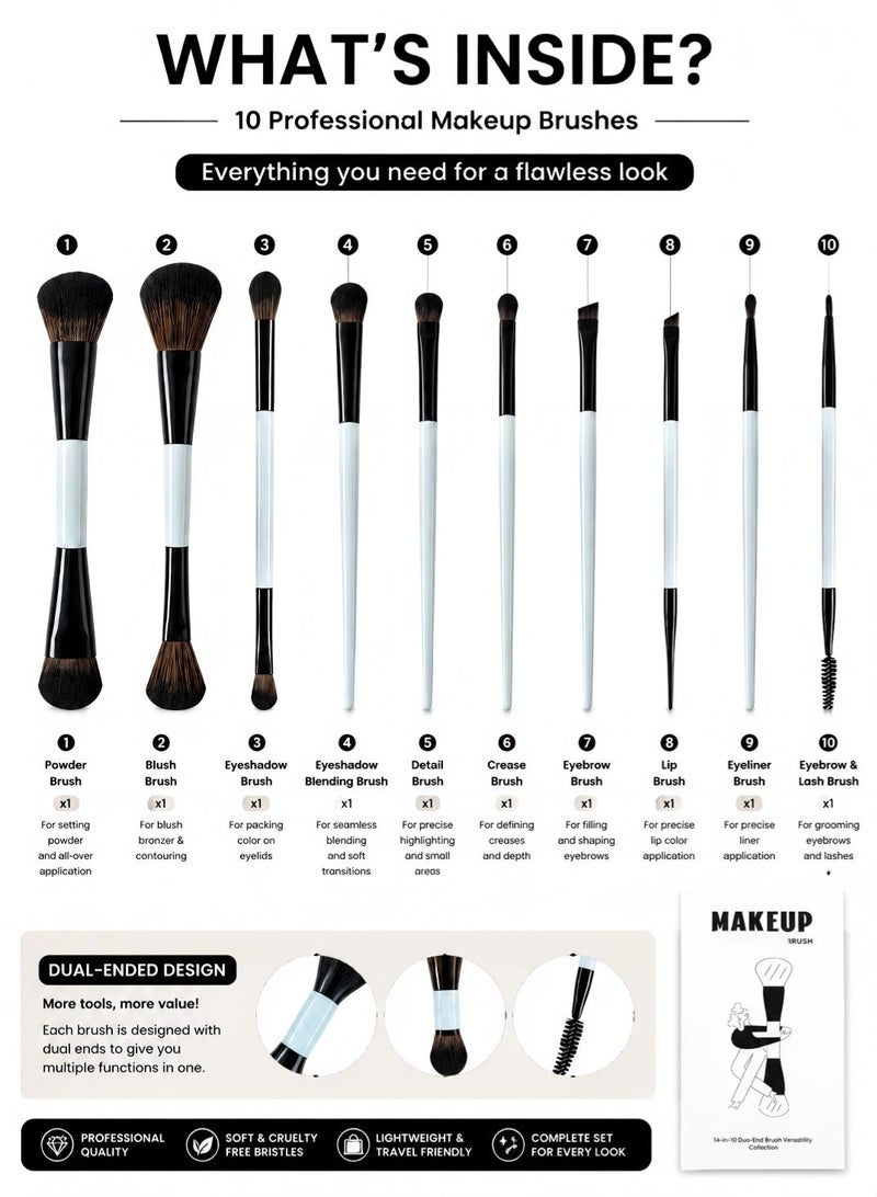 Woofixer 10Pcs Dual-Ended Makeup Brush Set Full Face Professional Brushes Kit Foundation Blush Eyeshadow Concealer Contour Highlight Eyebrow Eyeliner Brush for Women Beginners Daily Makeup - Image 5