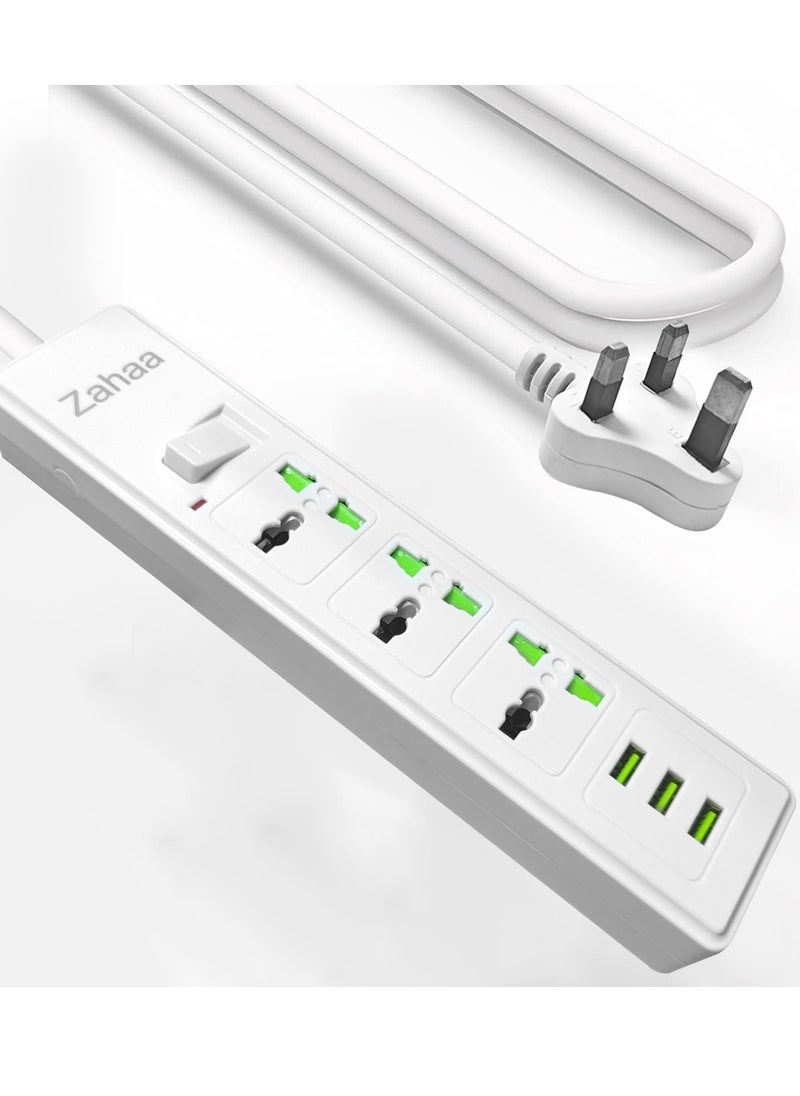 زها شريط طاقة عالمي 6 في 1، سلك طاقة ثلاثي الاتجاهات، 3 منافذ USB يتم التعرف عليها تلقائيًا، 3 مقابس طاقة، مقبس طاقة مضاد للكهرباء الساكنة مع 3 منافذ USB، مقبس شحن عالمي مع سلك تمديد جريء بطول 3 متر  - Image 1