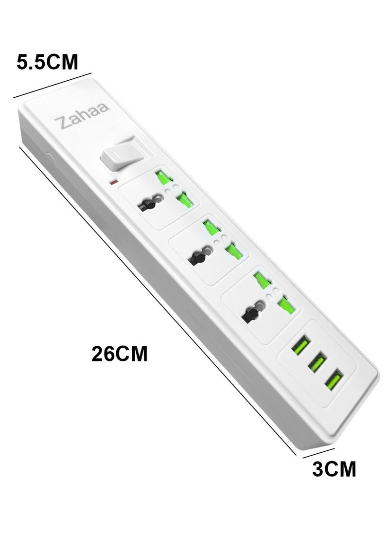 زها شريط طاقة عالمي 6 في 1، سلك طاقة ثلاثي الاتجاهات، 3 منافذ USB يتم التعرف عليها تلقائيًا، 3 مقابس طاقة، مقبس طاقة مضاد للكهرباء الساكنة مع 3 منافذ USB، مقبس شحن عالمي مع سلك تمديد جريء بطول 3 متر  - Image 3