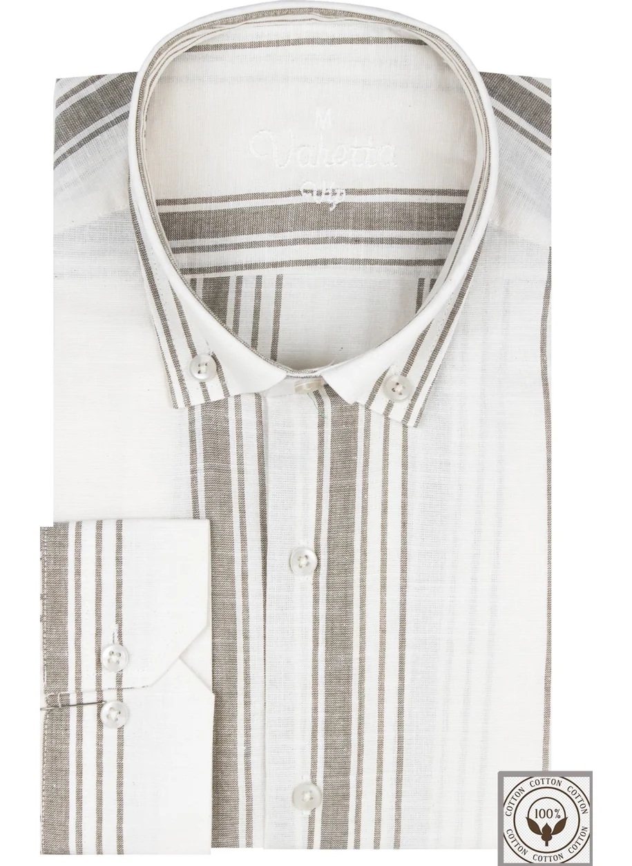 فاريتا Men's Khaki Beige Striped Pocketless Linen Effect Wide Cut Long Sleeve Shirt