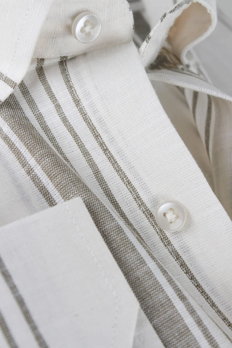 فاريتا Men's Khaki Beige Striped Pocketless Linen Effect Wide Cut Long Sleeve Shirt
