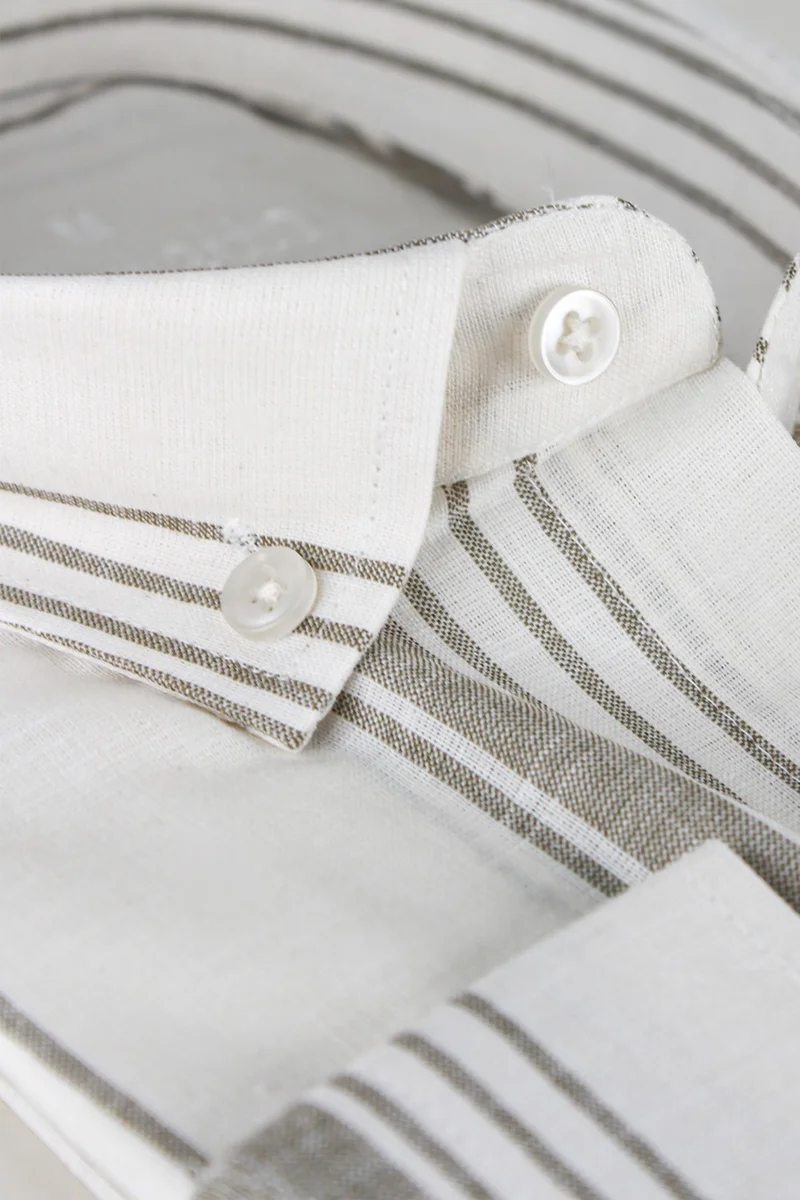 فاريتا Men's Khaki Beige Striped Pocketless Linen Effect Wide Cut Long Sleeve Shirt
