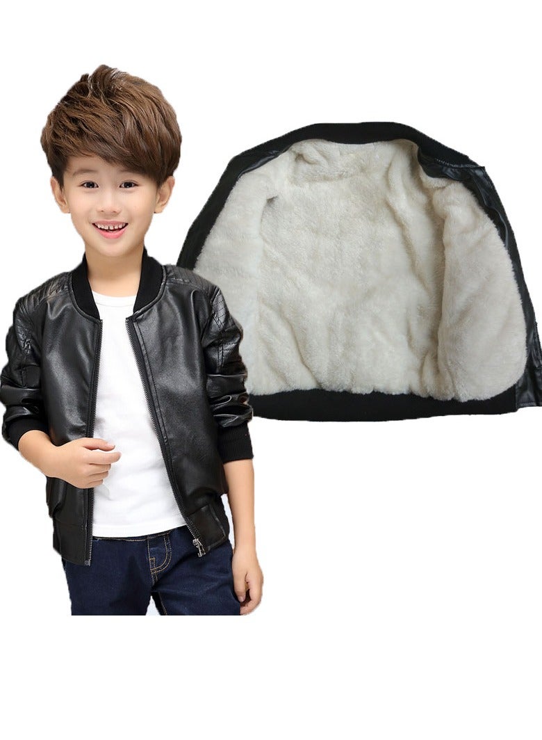 Boys Leather Jacket Spring Autumn Trendy Kids Coat Black plus velvet thickening