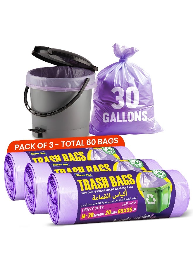Silver Pot 60pcs 30 Gallons Lavender Scented Heavy Duty Garbage Bags, Trash Bags, Waste Bags, Bin Bags, Bio-Degradable Disposable Waste Bags, 65 x 95cm - Image 1