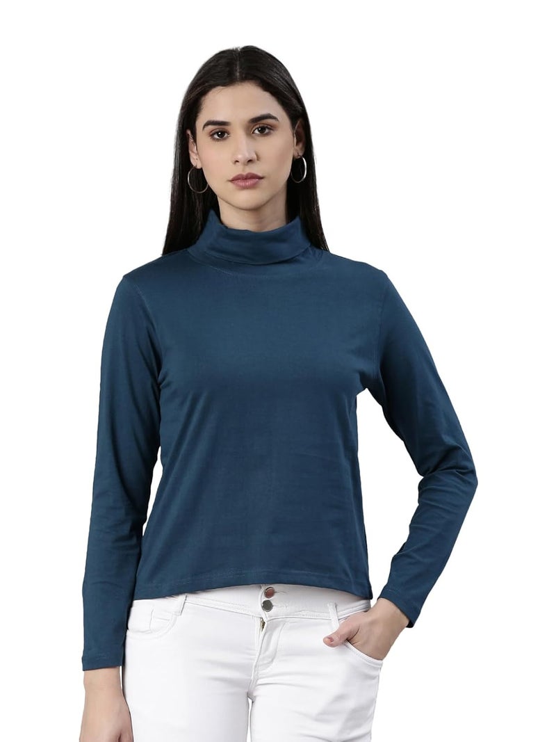 KRYPTIC Women's Teal Blue 100% Cotton Solid High Neck T-Shirt - Image 1